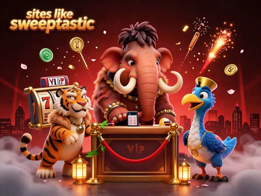 Spin and win with exciting sites like sweeptastic in this vibrant 3D casino scene.