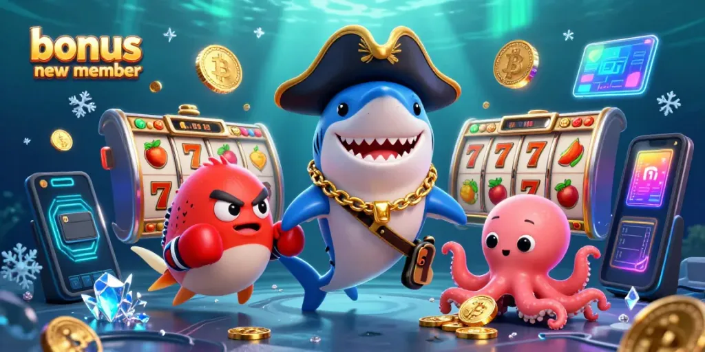 Engage with bonus new member promotions in a colorful underwater casino scene with cartoon characters.