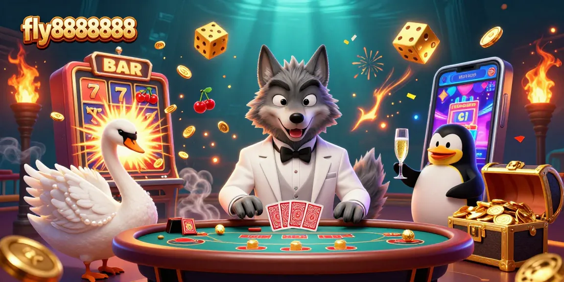Experience big wins at fly88888888 with a vibrant scene of casino games, characters, and dazzling jackpot elements.