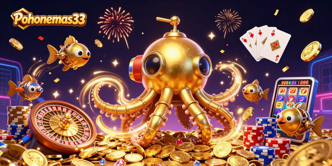 Pohonemas33 brings excitement to gaming with a vibrant kraken submarine amidst golden coins and casino elements.