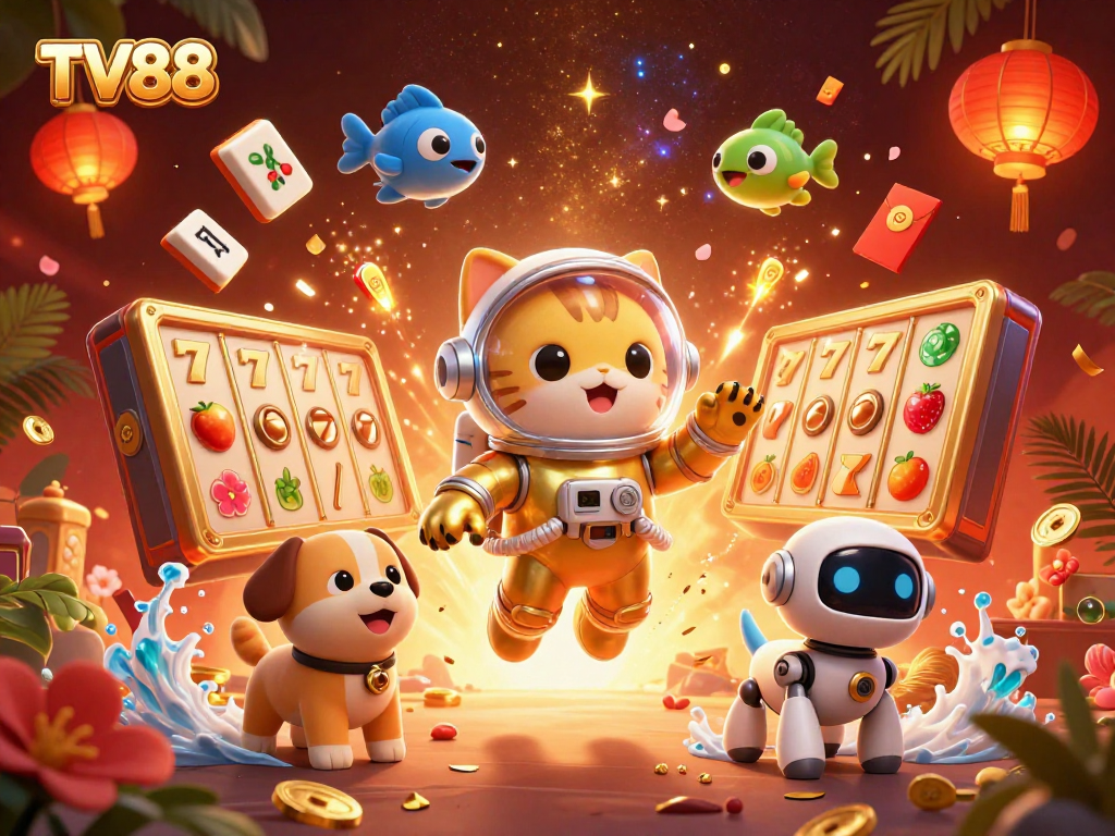 Experience thrilling slots with TV88 in a vibrant, dynamic 3D digital casino illustration.
