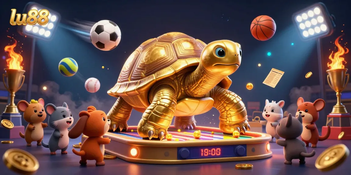 lu88 casino illustration featuring a golden tortoise pinball machine with exciting games