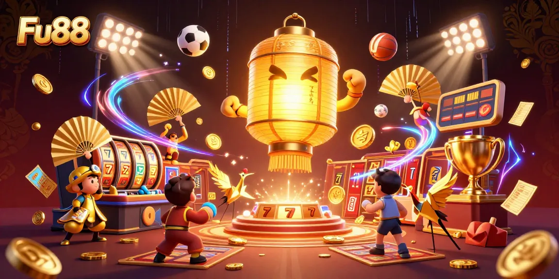 Win big at Fu88 with a stunning illustration featuring golden lantern spirits and dynamic casino elements.