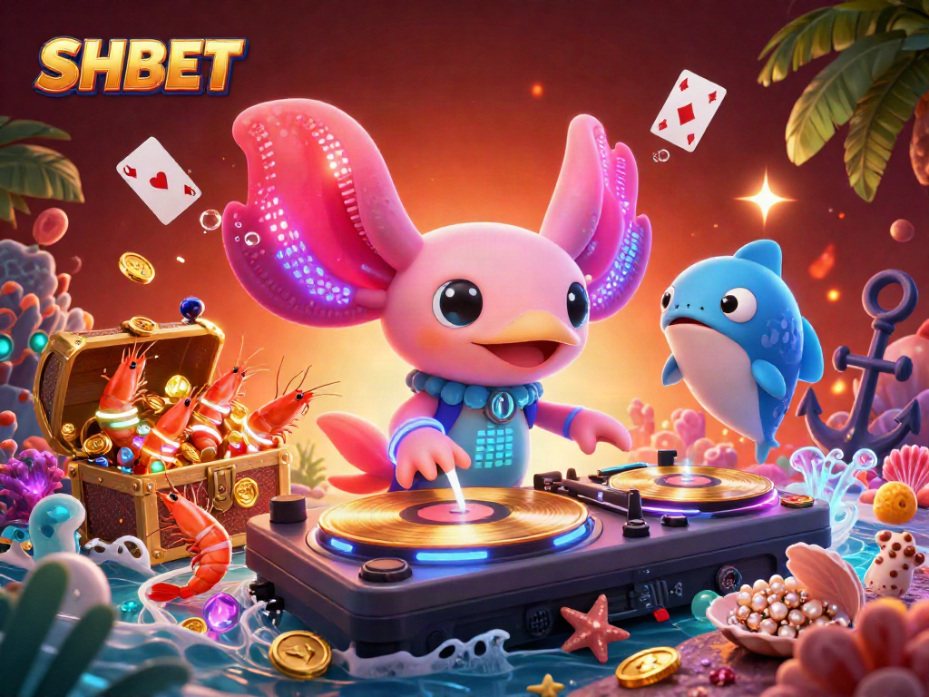 Engage with SHBET's vibrant gaming world featuring a neon axolotl DJ, colorful games, and underwater treasures.
