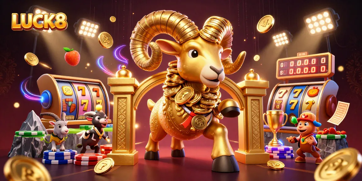 Experience the thrill of LUCK8 with vibrant slot reels circulating around a golden ram in this dynamic casino scene.
