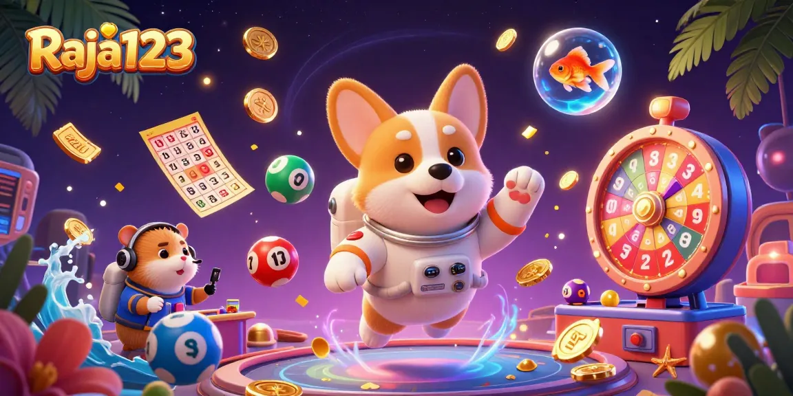 Experience thrilling gameplay with Raja123, featuring a vibrant space station casino scene with unique characters and lottery elements.
