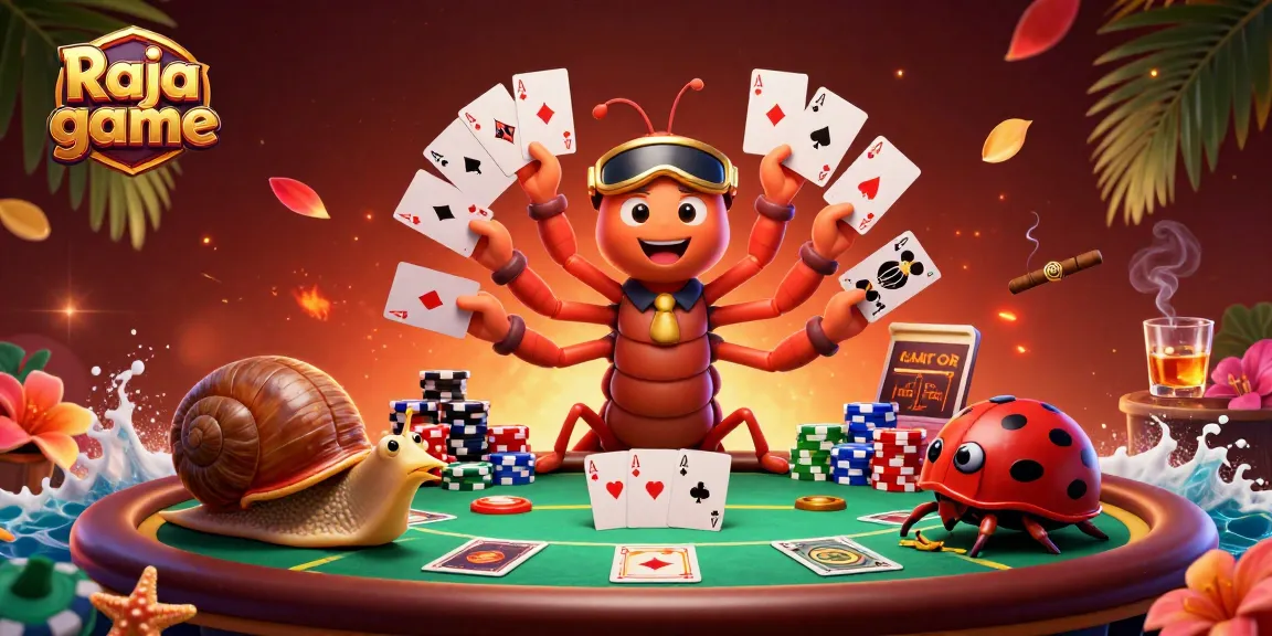Experience thrilling Raja game action with a 3D cartoon dealer and colorful poker chips.