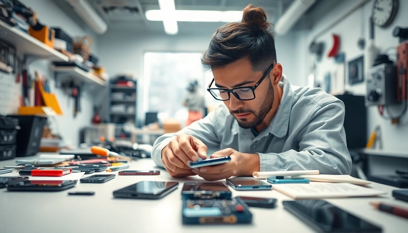 Sell broken phone cash for repair services at a professional workshop with a technician focused on fixing.