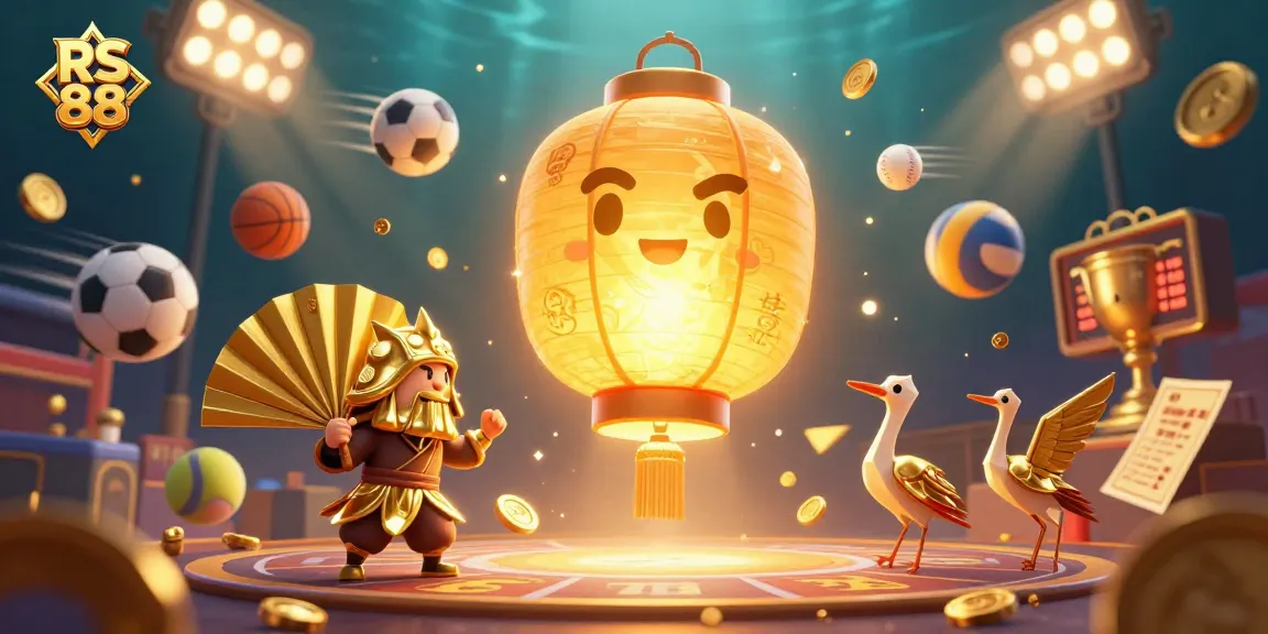 Engage in thrilling gaming at RS 88 with dynamic visuals showcasing sports, casino elements, and golden rewards.