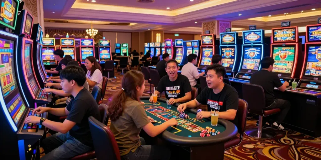 Exciting gambling atmosphere featuring players enjoying slot gacor machines with vibrant lights and lively interactions.