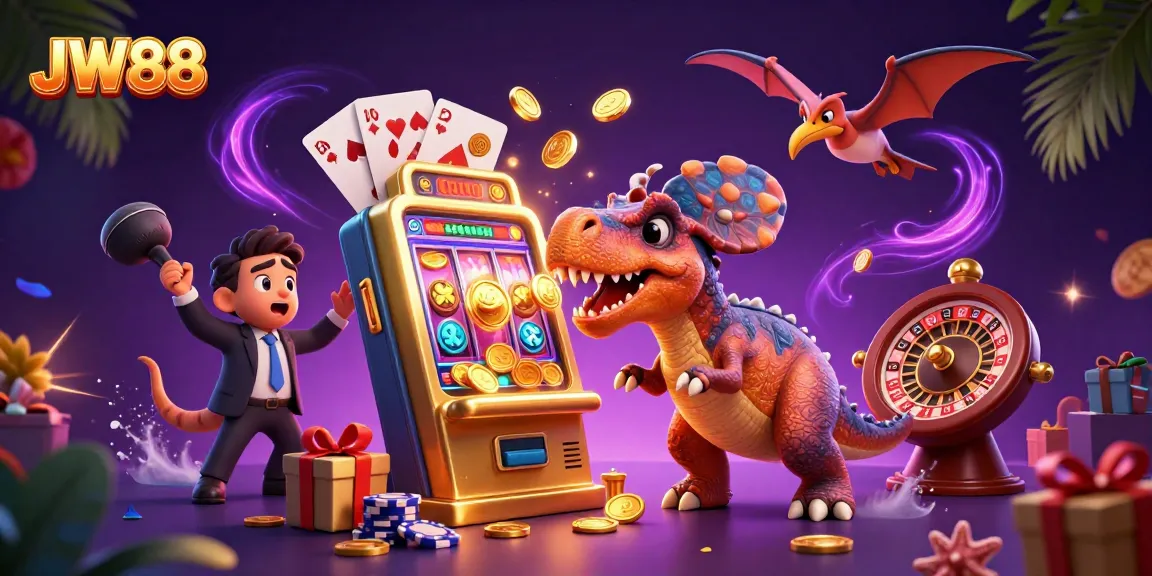 JW88 pachycephalosaurus celebrates jackpot coins alongside a casino manager and pteranodon in a dynamic scene.