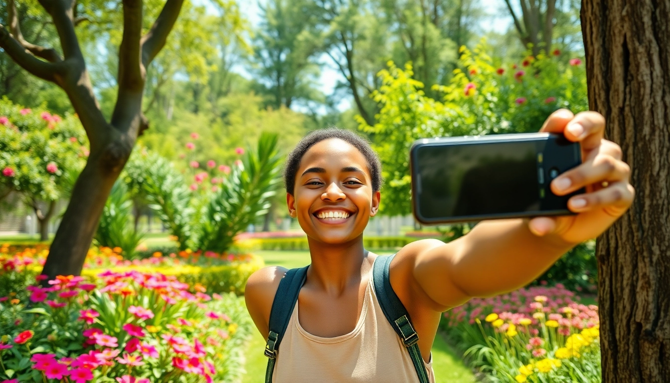 Individual takes a selfie in a colorful park, capturing a moment of joy and vibrancy.
