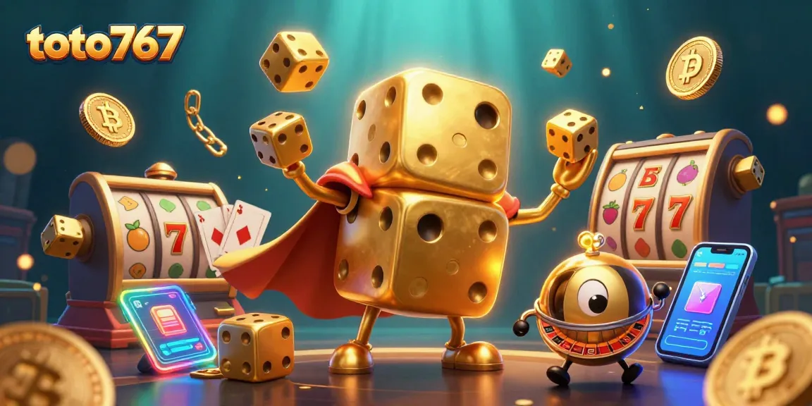 Menangkan slot jackpot dengan aplikasi toto767 yang menampilkan dadu emas raksasa menggenggam simbol permainan.