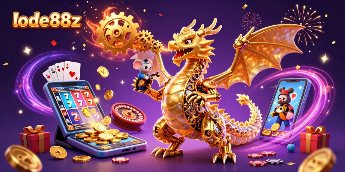 Experience the thrill of lode88z with a golden dragon amidst slot games and confetti.