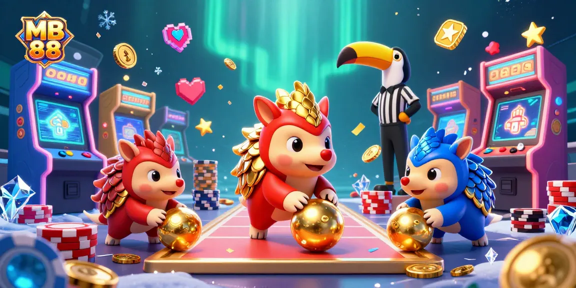 Bowling pangolins roll golden balls in a vibrant MB 88 casino scene