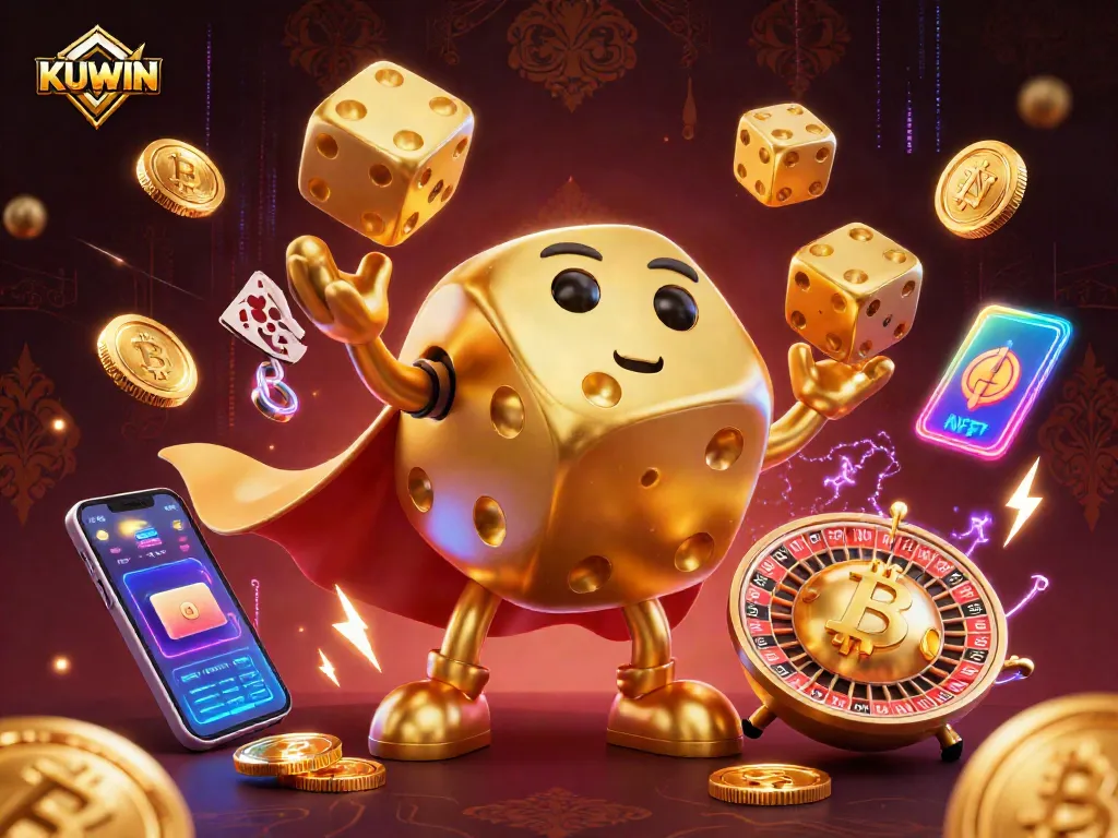 Kuwin brings excitement to the gambling world with a vibrant 3D illustration featuring a golden dice golem and colorful cryptocurrencies.