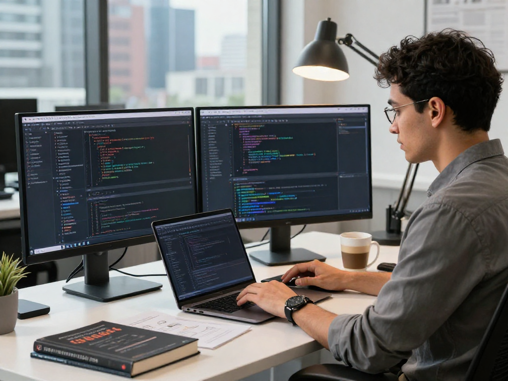 Desarrollador utilizando Immediate Edge en una oficina moderna con monitores y café.