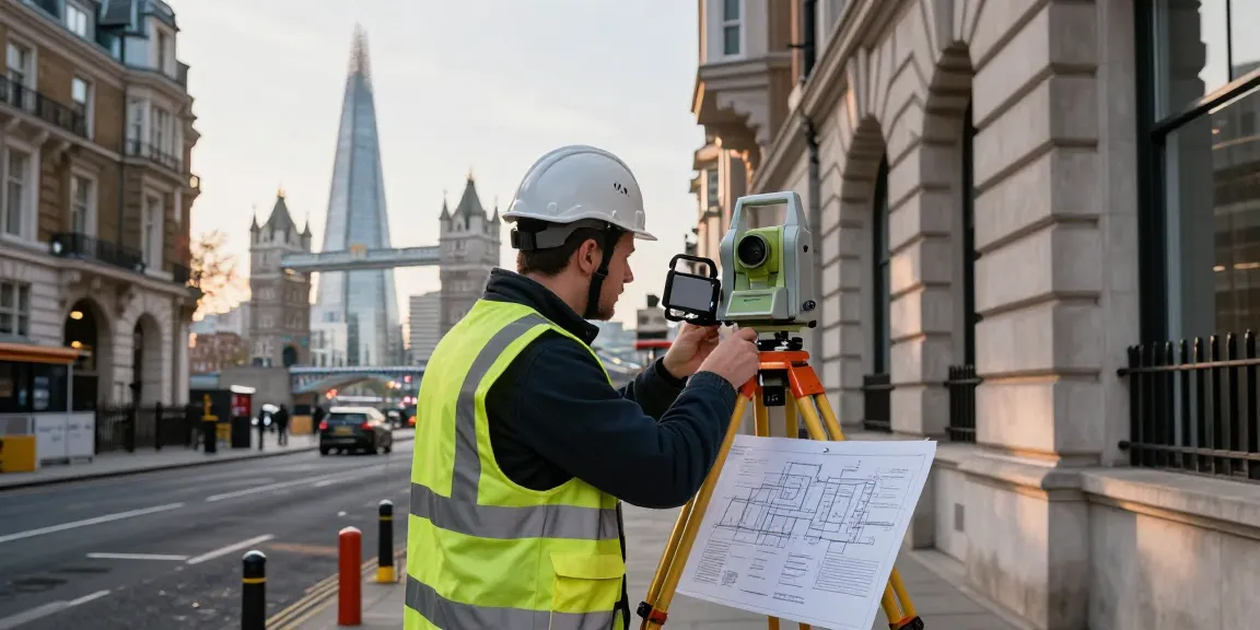 Measured building surveys UK with surveyor using total station in London.