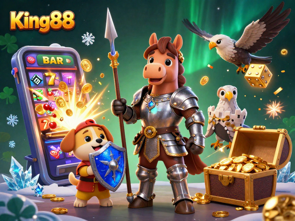Experience King88's thrilling games with a knight, puppy, and falcon amidst a jackpot explosion.