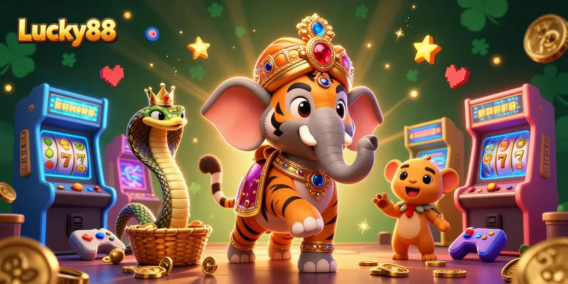 Step into the world of Lucky88 with vibrant 3D casino visuals showcasing an elephant, tiger, and cobra.