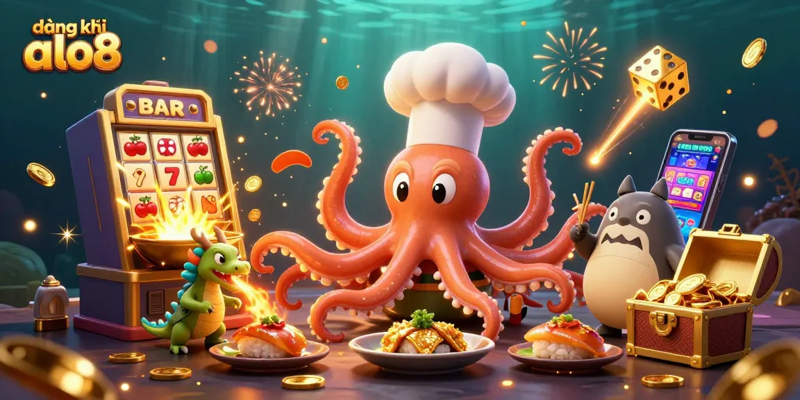 Experience the thrill of đăng ký alo8 with a vibrant 3D casino illustration featuring an octopus chef, dragon, and tanuki!