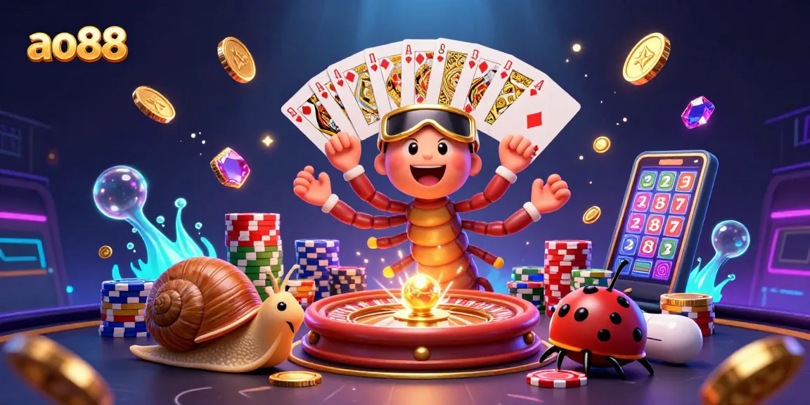 A dynamic casino scene showcasing ao88 with a 3D cartoon millipede dealer, cascading coins, and a roulette wheel.