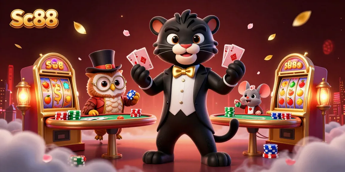 Experience the excitement of Sc88 with dynamic casino elements and lively characters in a colorful gambling scene.