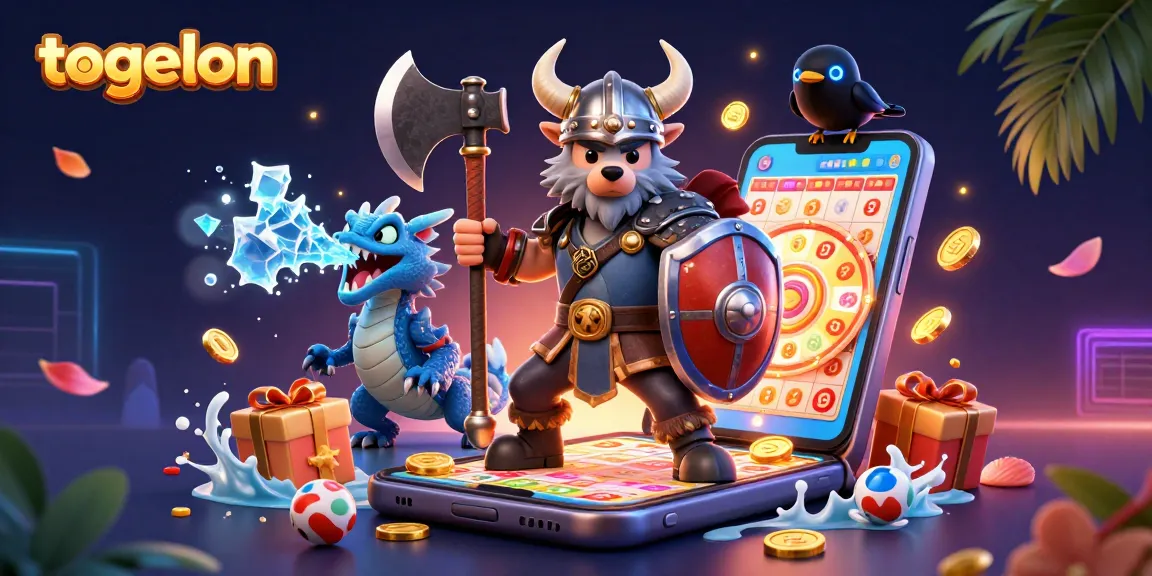 Experience togelon with a dynamic lottery scene featuring a Viking wolf warrior and dragon.