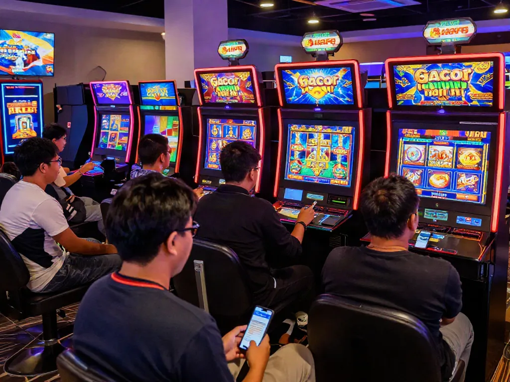 Experience vibrant slot gacor hari ini gaming with players at modern machines, colorful LED lights, and immersive excitement.