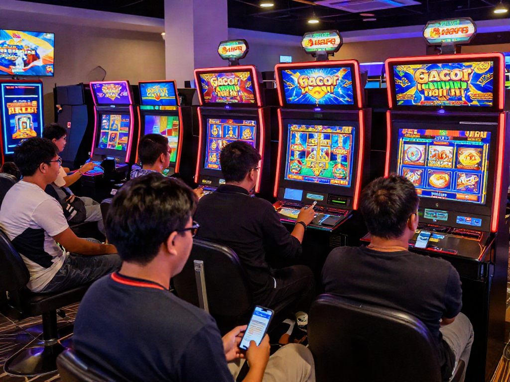 Experience vibrant slot gacor hari ini gaming with players at modern machines, colorful LED lights, and immersive excitement.