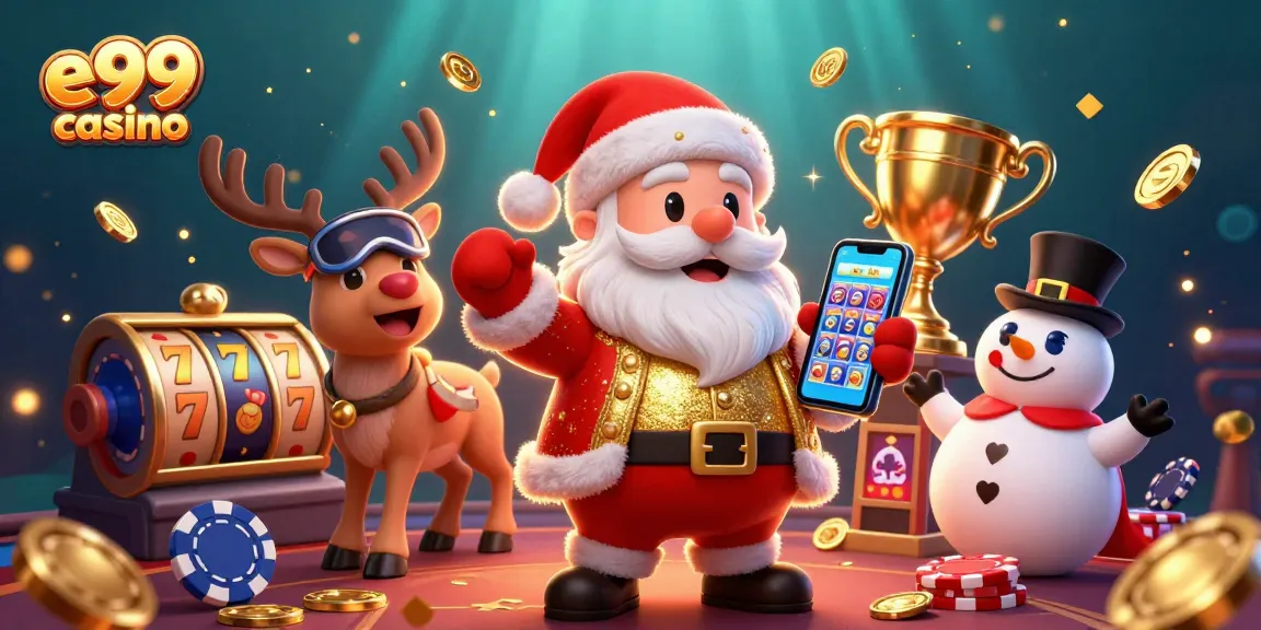 Experience the excitement of e99 casino with a lively Santa and friends enjoying jackpot slots in a vibrant casino.