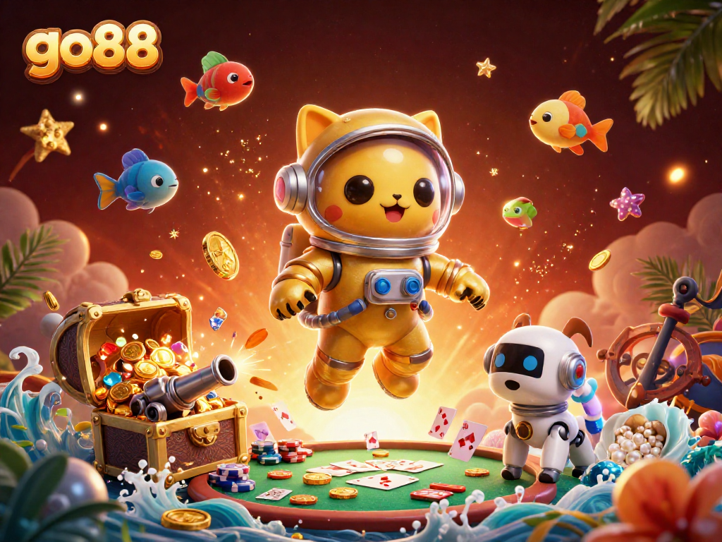 Win big with go88 in this vibrant cosmic casino adventure illustration featuring a robot dog and astronaut cat.