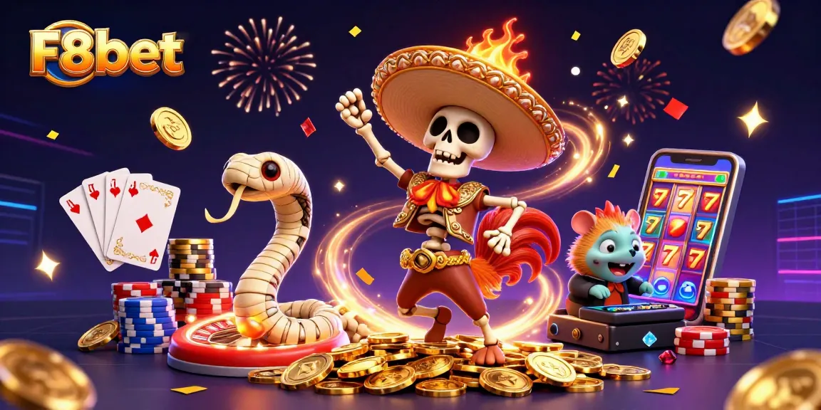 Join the thrilling F8bet celebration with vibrant casino characters and dynamic game elements!