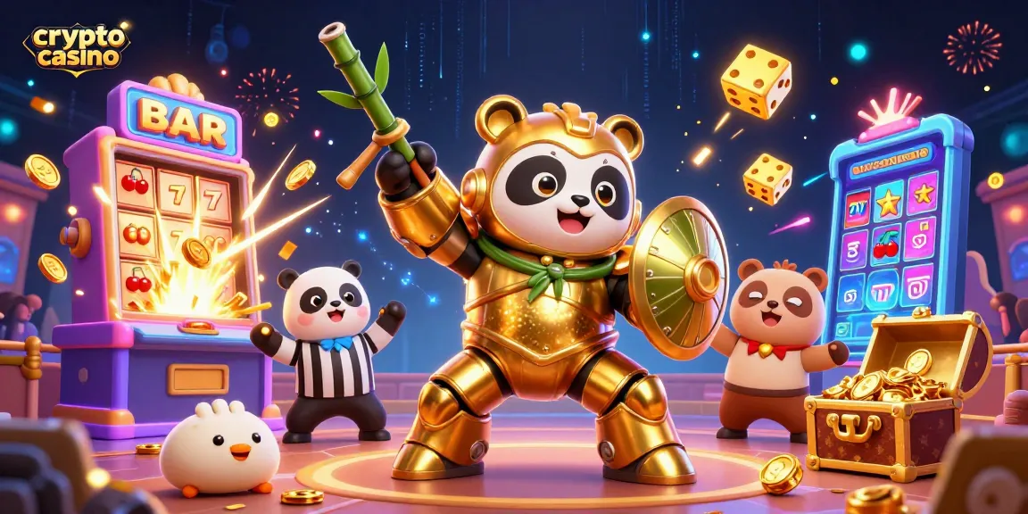 Plongez dans l'univers du crypto casino avec cette scène dynamique de panda en armure, machines à sous, et ambiance festive.