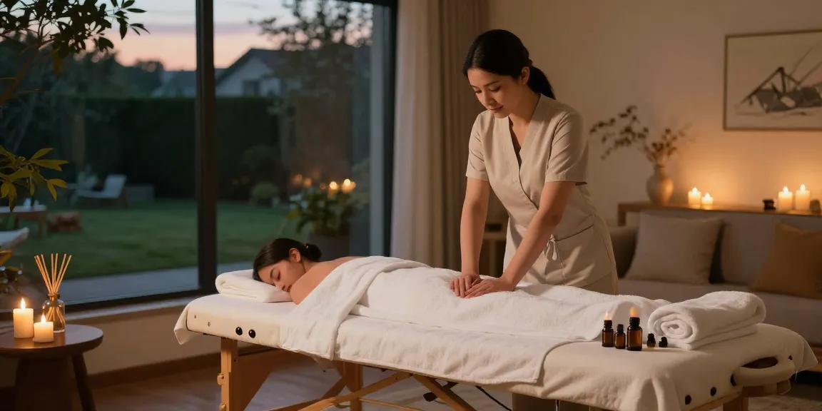 부천출장안마 home massage scene with calming candles and professional therapist.