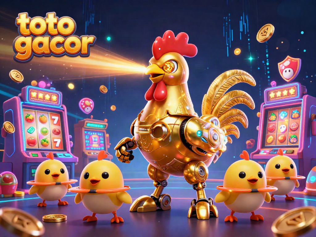 Engage with the exciting world of toto gacor featuring a golden rooster robot and dynamic slot machines.