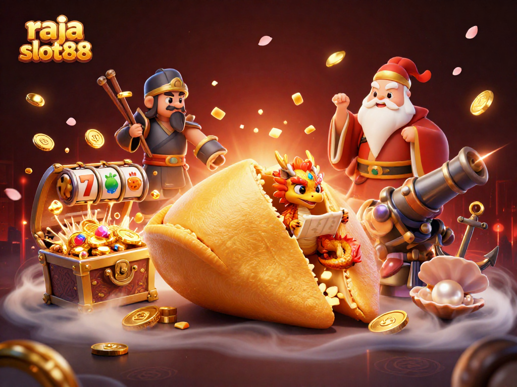 Experience thrilling wins at raja slot88 with an elaborate 3D gaming scene featuring fortune cookies and more.