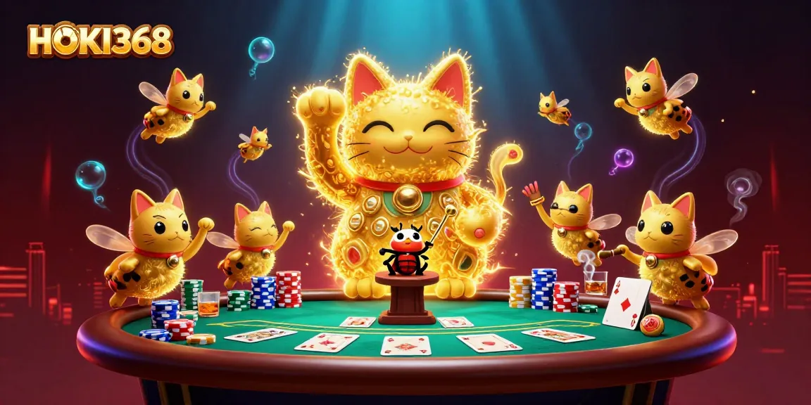 Experience HOKI368's vibrant gaming scene with a golden lucky cat and poker excitement!