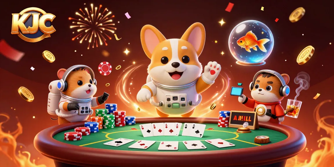 Experience thrilling gaming at KJC with a floating corgi in a dazzling space casino scene.