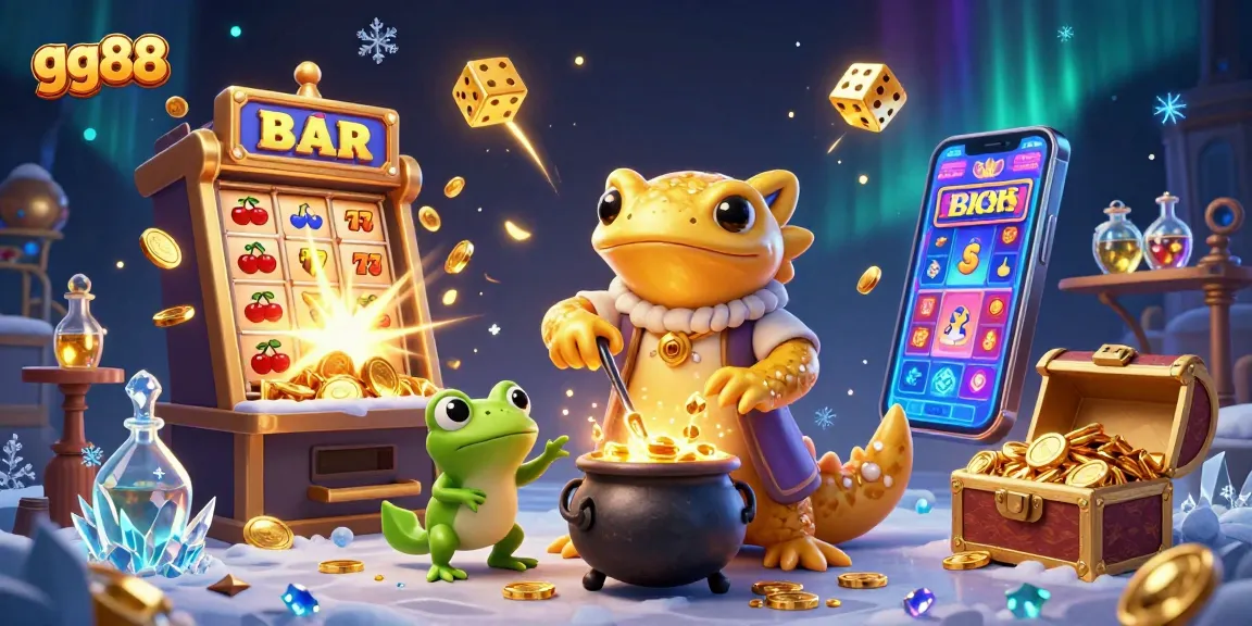 Experience the thrilling games of gg88 with a whimsical scene featuring gold coins, slot machines, and enchanting characters.