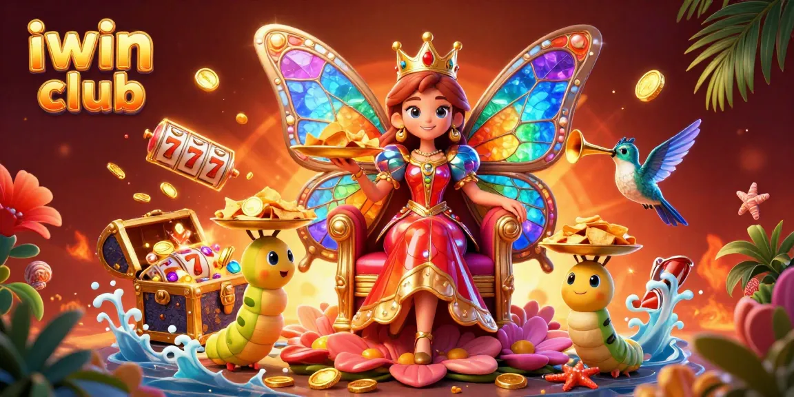 Spin and win at iwin club, illustrated with vibrant casino elements and a magical butterfly queen.
