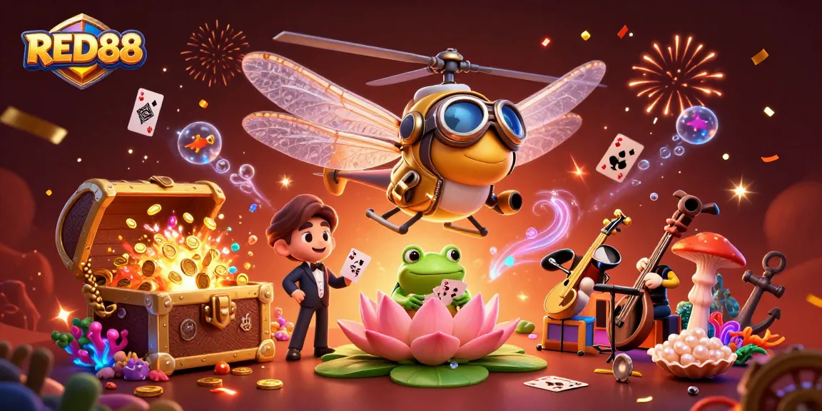 Experience the thrill of RED88 with vibrant designs of a dragonfly pilot and a frog croupier amidst casino chaos.