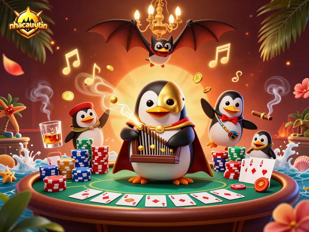 Experience exciting casino action with nhacaiuytin's vibrant 3D illustration featuring a penguin and poker elements.
