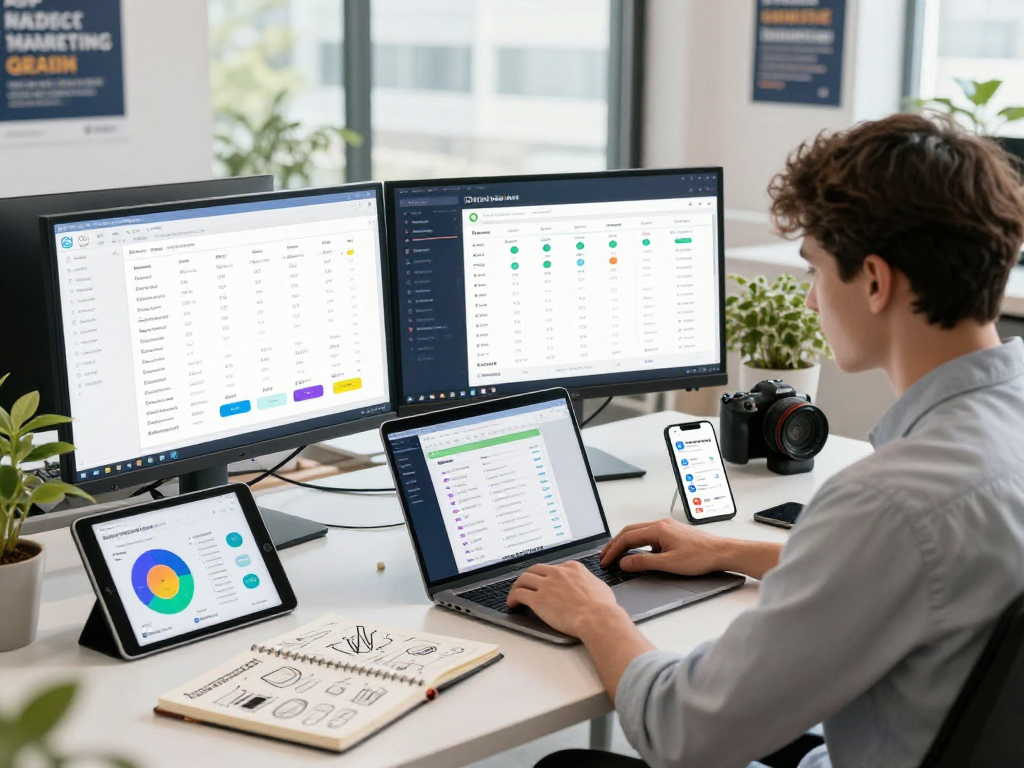 Purchase app downloads in a vibrant digital marketing workspace with analytics and strategic tools.