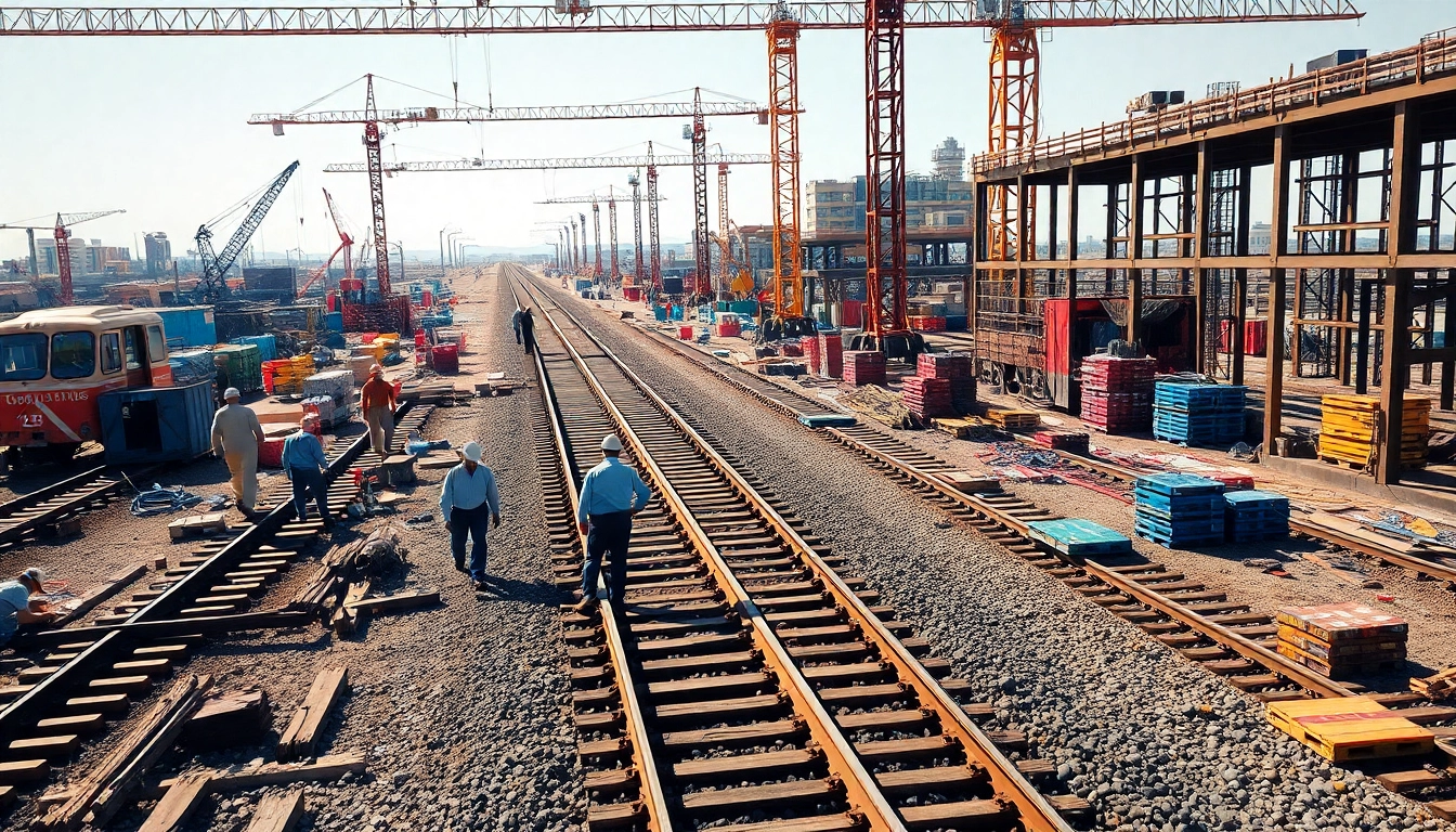 Workers engaged in Railroad Construction, showcasing teamwork in a lively construction site.