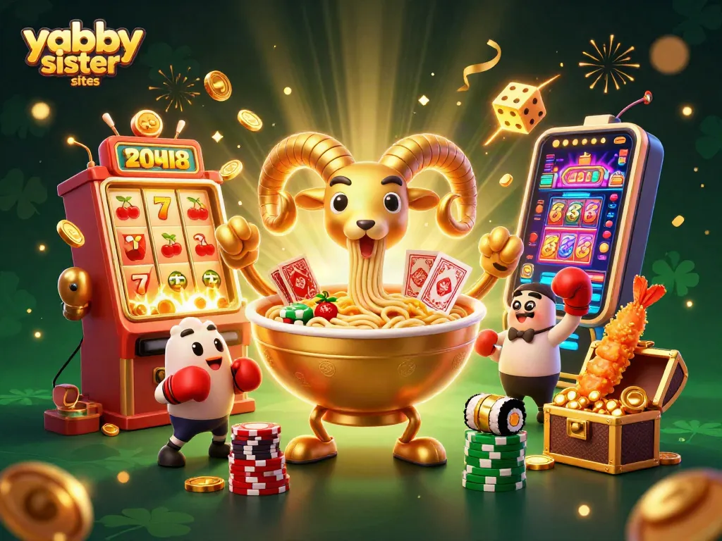 Experience the fun of yabby sister sites with a vibrant 3D illustration of characters and casino elements.