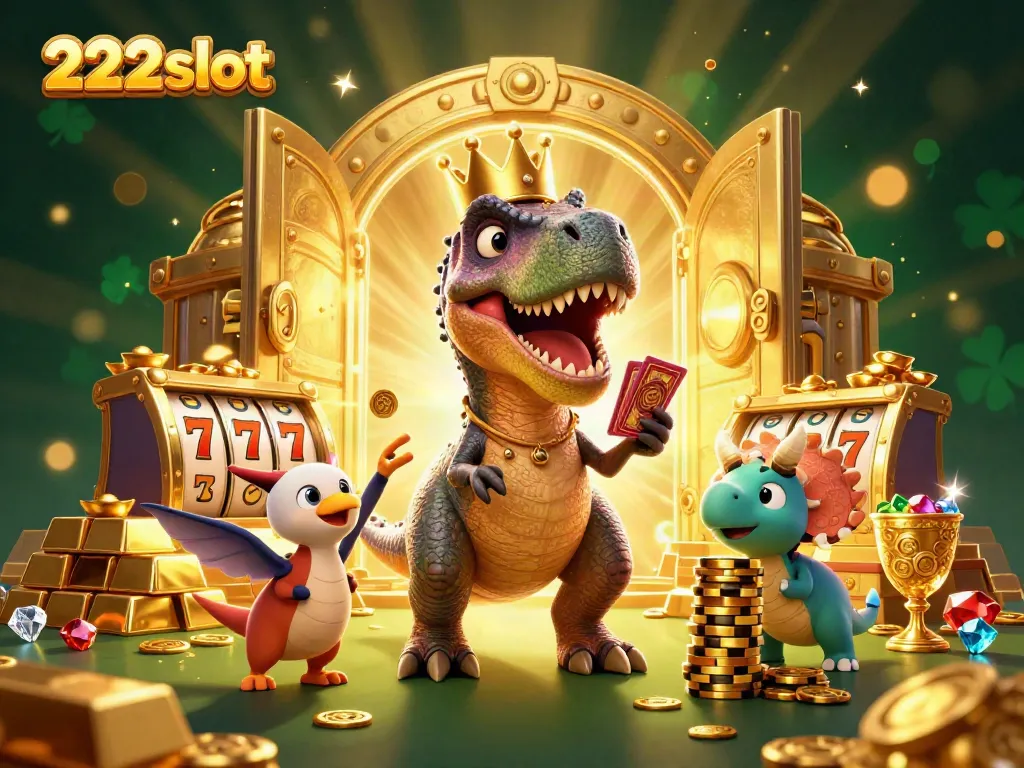 Menggambarkan 222slot dengan T-Rex bersketsa kartu slot, pterodactyl pendukung, dan triceratops menumpuk chip emas.