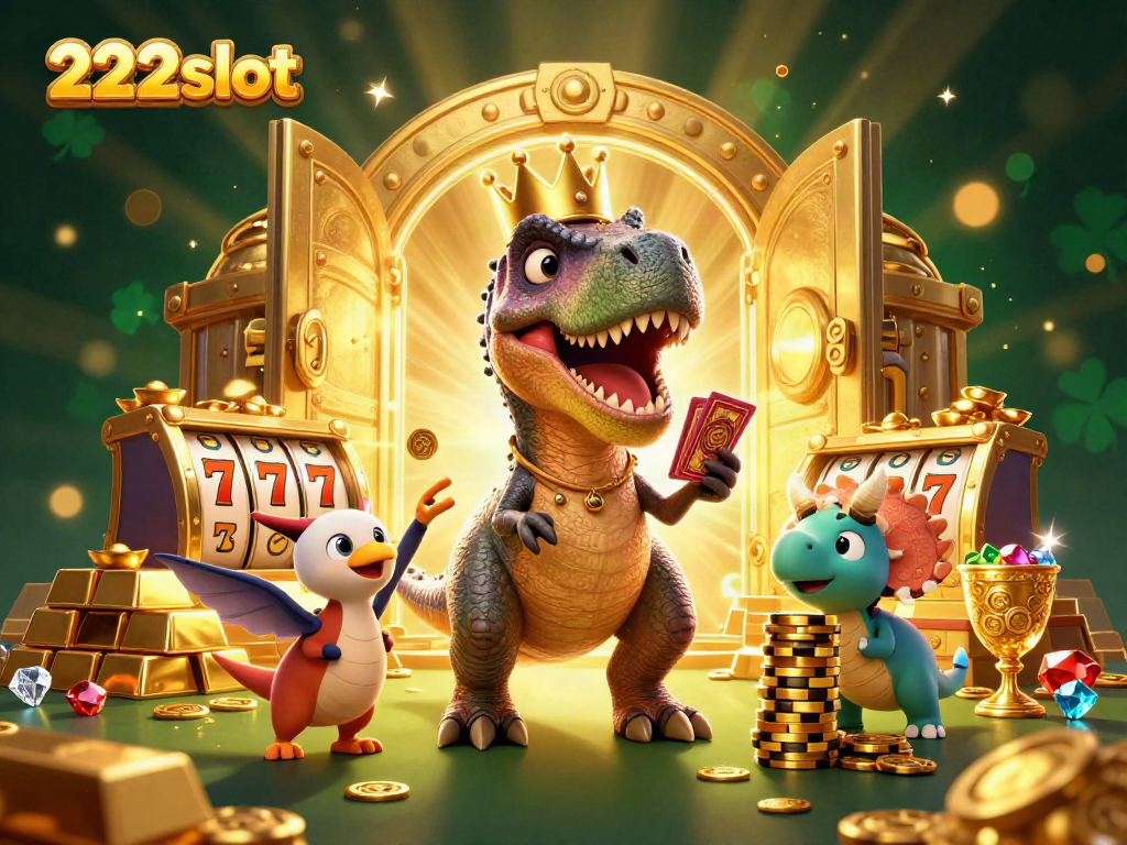 Menggambarkan 222slot dengan T-Rex bersketsa kartu slot, pterodactyl pendukung, dan triceratops menumpuk chip emas.