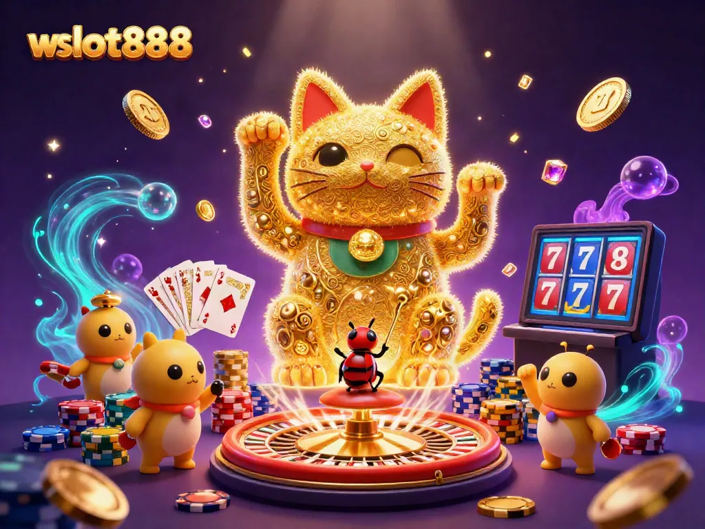Menangkan permainan dengan wslot888, simbol keberuntungan peti harta karun dan chip kasino bersinar dalam ilustrasi 3D.