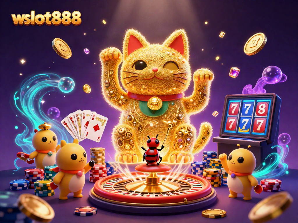 Menangkan permainan dengan wslot888, simbol keberuntungan peti harta karun dan chip kasino bersinar dalam ilustrasi 3D.